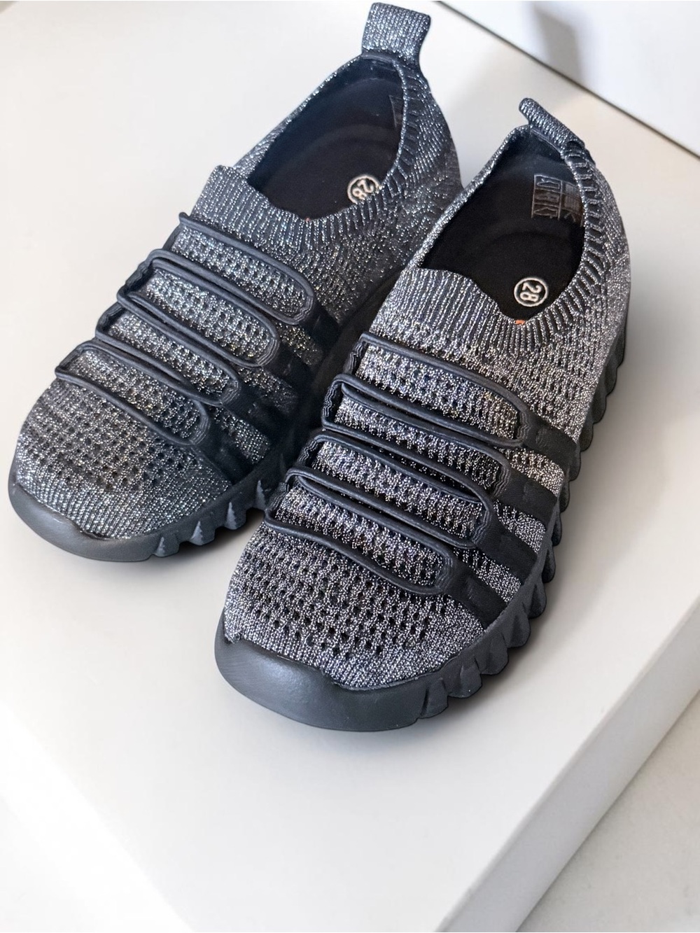 bernie mev. Kids Knit Slip-On Sneakers in Metallic Gray and Black